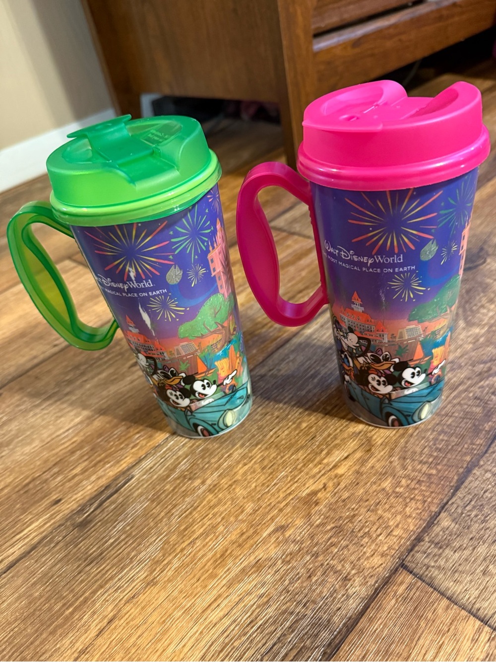 Walt Disney World Pink & Green Mickey & Friends Travel Tumblers/mugs w/ Handles